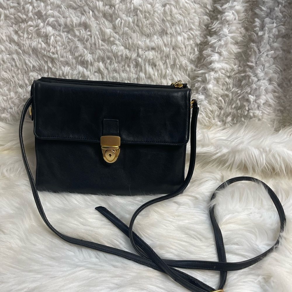 Bruce Alan NY leather Black crossbody bag brass gold tone accents hardwares